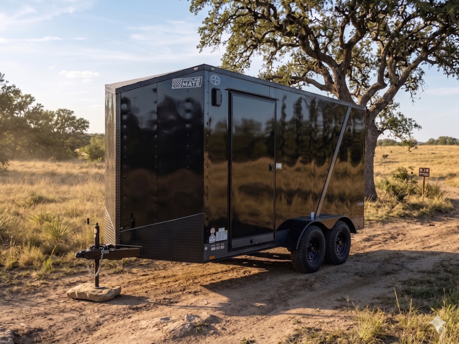 14' enclosed cargo trailer parked in a Texas hill country field at golden hour